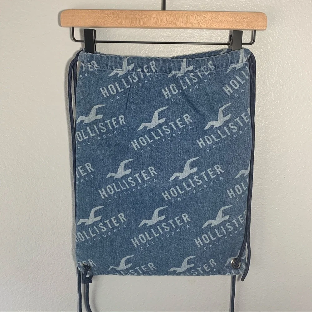Hollister Denim Print Seagull Logo Drawstring Backpack Bag - Y2K Beach Cinch